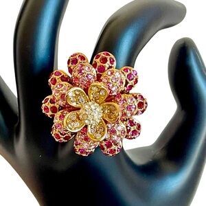 Vintage Joan Rivers Pink Pave Petal Gold Plated Flower Ring Swarovski Crystals